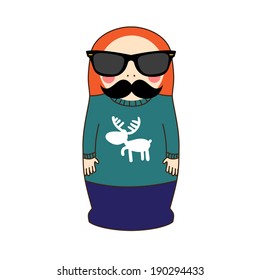 Hipster Matreshka doll with a mustache and glasses dressed in a sweater with a deer. Vector illustration