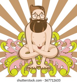 Hipster meditating in a yoga pose on Kukkutasana pop art ornament