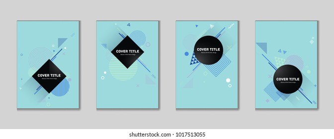 Hipster memphis cover collection vector with white, blue and green geometrical shapes on cyan background. Variegated first page cover assortment. Colorful memphis style backdrop for corporate purpose.