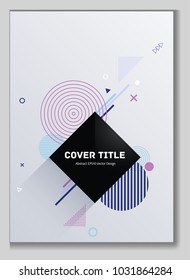 Hipster memphis front cover background with white, cyan, purple and navy blue geometrical shapes. Minimalistic front page texture. Colorful title page backdrop for student notebook, dairy or notepad.