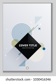 Hipster memphis front cover vector with white, blue and khaki green geometrical shapes. Minimalistic front page tile. Colorful title page pattern for journalistic notebook, dairy or notepad.