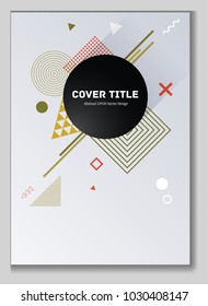 Hipster memphis notepad cover background. Cool memphis template front page with white, orange, khaki green and red geometrical shapes. Memphis notepad cover vector for student purpose.