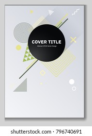 Hipster memphis notepad cover background. Cool memphis texture front page with white, green and yellow geometrical shapes. Memphis notepad cover graphic design for marketing purpose.