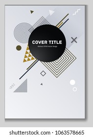 Hipster memphis notepad cover pattern. Cool memphis template front page with white, brown and black geometrical shapes. Memphis notepad cover vector for journalistic purpose.