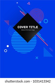 Hipster memphis notepad cover vector. Cool memphis tile front page with white, pink, cyan and red geometrical shapes on deep blue background. Memphis notepad cover graphic design for college purpose.