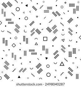 Hipster memphis pattern with geometric shapes. Lines, dots, circles, zig zags, triangles. Vector Illustration