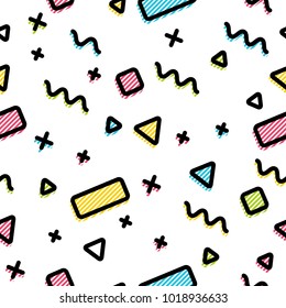 Hipster memphis style background. Abstract geometric background with geometric shapes - triangles, circles, dots, lines. Bright and modern, 90s style. Vector seamless pattern.