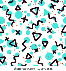 Hipster memphis style background. Abstract geometric background with geometric shapes - triangles, circles, dots, lines. Bright and modern, 90s style. Vector seamless pattern.