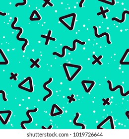 Hipster memphis style background. Abstract geometric background with geometric shapes - triangles, circles, dots, lines. Bright and modern, 90s style. Vector seamless pattern.