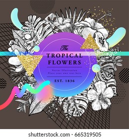 Hipster memphis style cover template for placards, posters, banners or flyers. Tropical flowers, palm leaves, 80s geometric style flat and 3d design elements. Retro art liquid shapes. EPS10 vector.