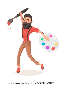 Hipster men with big paint brush and palette. Jumping. Creative thinking. Concept idea. Designer. Vector illustration in cartoon style