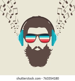 Hipster Men Face with Headphone, Retro Music Poster Illustartion.