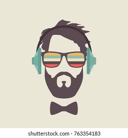 Hipster Men Face with Headphone, Retro Music Poster Illustartion.
