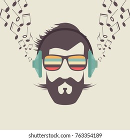 Hipster Men Face with Headphone, Retro Music Poster Illustartion.