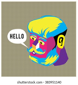 Hipster men head say hello illustration