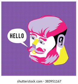 Hipster men head say hello illustration