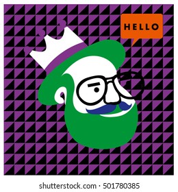 Hipster men head say hello illustration. Poster and design template for barbershop