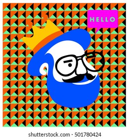 Hipster men head say hello illustration. Poster and design template for barbershop