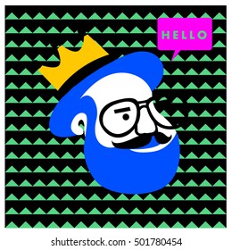 Hipster men head say hello illustration. Poster and design template for barbershop
