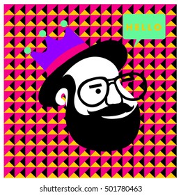 Hipster men head say hello illustration. Poster and design template for barbershop