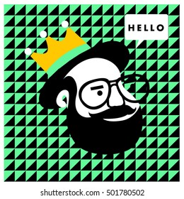 Hipster men head say hello illustration. Poster and design template for barbershop
