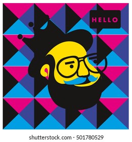 Hipster men head say hello illustration. Poster and design template for barbershop