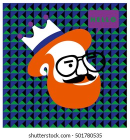 Hipster men head say hello illustration. Poster and design template for barbershop