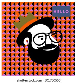 Hipster men head say hello illustration. Poster and design template for barbershop