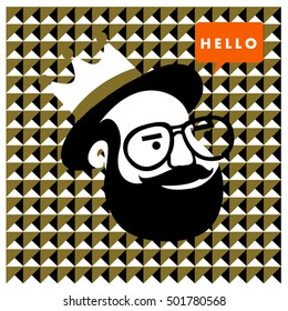 Hipster men head say hello illustration. Poster and design template for barbershop