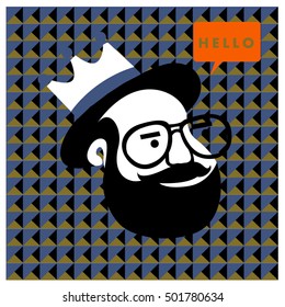 Hipster men head say hello illustration. Poster and design template for barbershop