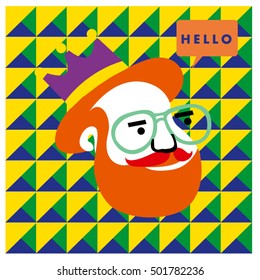 Hipster men head say hello illustration. Poster and design template for barbershop