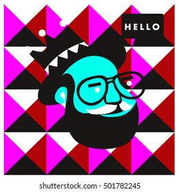 Hipster men head say hello illustration. Poster and design template for barbershop