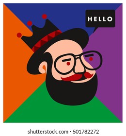 Hipster men head say hello illustration. Poster and design template for barbershop