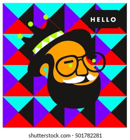 Hipster men head say hello illustration. Poster and design template for barbershop