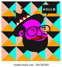 Hipster men head say hello illustration. Poster and design template for barbershop