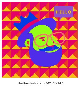 Hipster men head say hello illustration. Poster and design template for barbershop