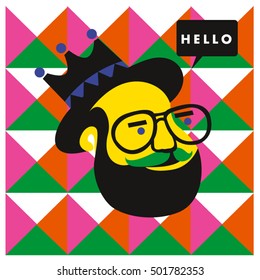 Hipster men head say hello illustration. Poster and design template for barbershop