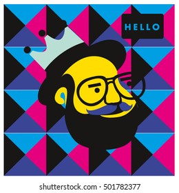 Hipster men head say hello illustration. Poster and design template for barbershop