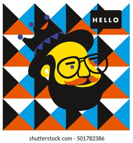 Hipster men head say hello illustration. Poster and design template for barbershop
