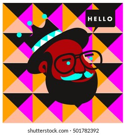 Hipster men head say hello illustration. Poster and design template for barbershop