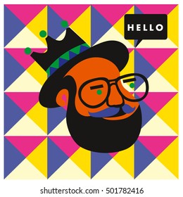 Hipster men head say hello illustration. Poster and design template for barbershop