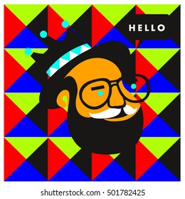 Hipster men head say hello illustration. Poster and design template for barbershop