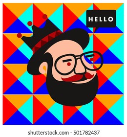 Hipster men head say hello illustration. Poster and design template for barbershop