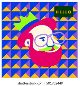 Hipster men head say hello illustration. Poster and design template for barbershop