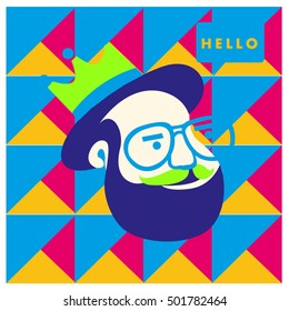 Hipster men head say hello illustration. Poster and design template for barbershop
