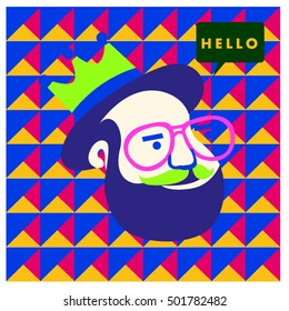 Hipster men head say hello illustration. Poster and design template for barbershop