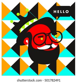 Hipster men head say hello illustration. Poster and design template for barbershop