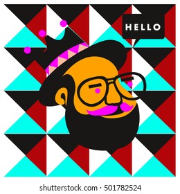 Hipster men head say hello illustration. Poster and design template for barbershop