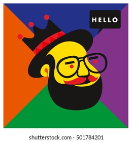 Hipster men head say hello illustration. Poster and design template for barbershop