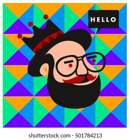 Hipster men head say hello illustration. Poster and design template for barbershop
